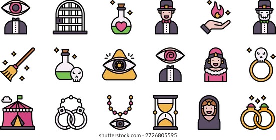 Conjunto de iconos de magia y fantasía: mago, poción, símbolos místicos Vector lleno de contorno audaz