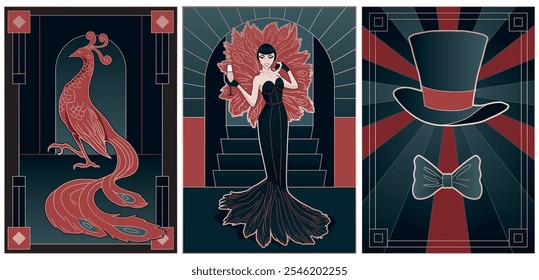 magic fantasy illustrations of art deco style in black, red and gold colours