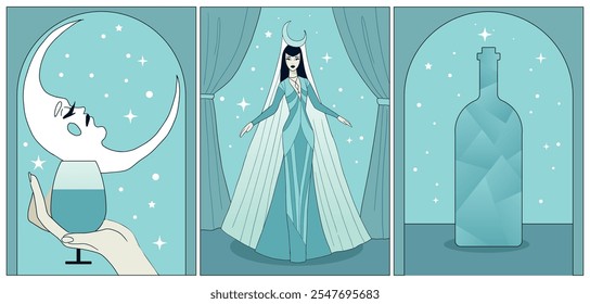 magic fantasy illustrations of art deco style in blue colours	