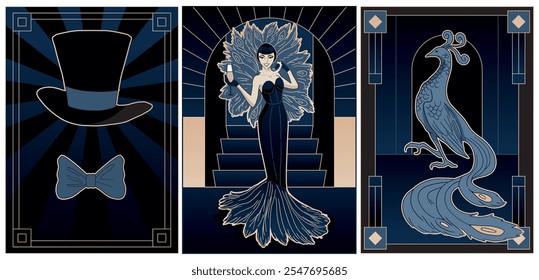 magic fantasy illustrations of art deco style in blue colours	