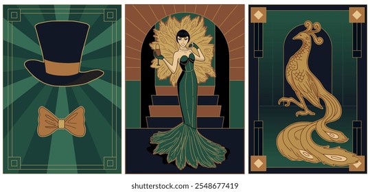 Ilustraciones de fantasía mágica de estilo art déco en colores verdes y amarillos, mujer, pavo real y sombrero de mago