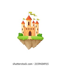 Magic fantasy kingdom palace on green hills, ui game design. Vector medieval fortress with towers of red stone bricks and gate on mountain. Royal kings and queens, prince and princess fairy tale fort