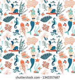 Magic fantasy Marine Life hand drawn flat vector seamless pattern background. Underwater animals and mermaids wildlife. Vector illustration. Marine Creatures cartoon clipart.