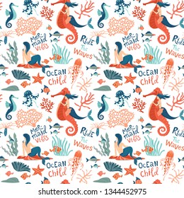 Magic fantasy Marine Life hand drawn flat vector seamless pattern background. Underwater animals and mermaids wildlife. Vector illustration. Creatures cartoon clipart. Marine theme lettering quotes