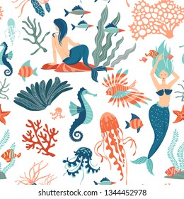 Magic fantasy Marine Life hand drawn flat vector seamless pattern background. Underwater animals and mermaids wildlife. Vector illustration. Marine Creatures cartoon clipart.