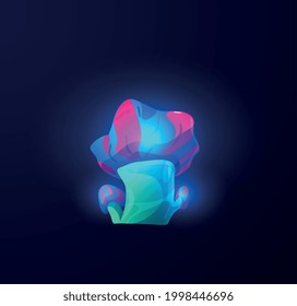 Magic fantasy mushroom alien plant shining with blue light, flat vector illustration isolated on dark background. Bright luminescent unusual mushroom or toadstool.