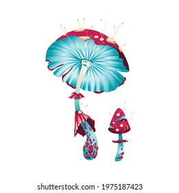 Magic fantasy mushroom, unusual glowing fly agaric. Fantastic psychedelic design of funguses, plants fabolous nature. Flat cartoon vector illustration on white.