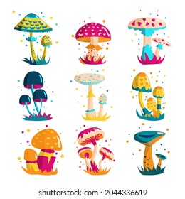 Magic fantasy mushrooms sey, isolated on white background. For web, video games, user interface, design printing. Cartoon vector illustration