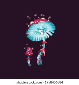 Magic fantasy mushrooms, unusual glowing fly agaric. Fantastic psychedelic design of funguses, plants fairytail nature. Flat cartoon vector illustration on black.