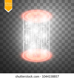 Magic fantasy portal. Futuristic teleport. Light effect. Blue candles rays of a night scene with sparks on a transparent background. Empty light effect of the podium. Disco club dancefloor. Vector