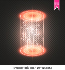 Magic fantasy portal. Futuristic teleport. Light effect. Blue candles rays of a night scene with sparks on a transparent background. Empty light effect of the podium. Disco club dancefloor. Vector
