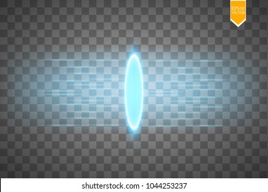 Magic fantasy portal. Futuristic teleport. Light effect. Blue candles rays of a night scene with sparks on a transparent background. Empty light effect of the podium. Disco club dancefloor. Vector