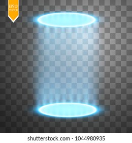 Magic fantasy portal or futuristic teleport. Light effect of blue rays of a night scene with sparks on a transparent background. Vector