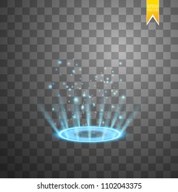 Magic fantasy portal. Futuristic teleport. Light effect. Blue candles rays of a night scene with sparks on a transparent background. Empty light effect of the podium. Disco club dancefloor.