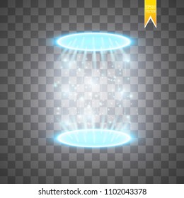 Magic fantasy portal. Futuristic teleport. Light effect. Blue candles rays of a night scene with sparks on a transparent background. Empty light effect of the podium. Disco club dancefloor.