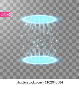 Magic fantasy portal. Futuristic teleport. Light effect. Blue candles rays of a night scene with sparks on a transparent background. Empty light effect of the podium. Disco club dancefloor.