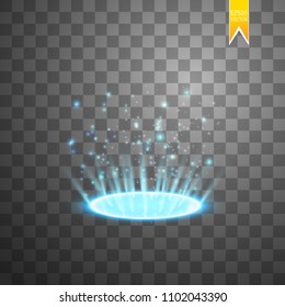 Magic fantasy portal. Futuristic teleport. Light effect. Blue candles rays of a night scene with sparks on a transparent background. Empty light effect of the podium. Disco club dancefloor.