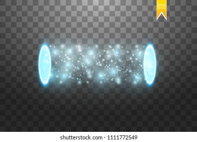 Magic fantasy portal. Futuristic teleport. Light effect. Blue candles rays of a night scene with sparks on a transparent background. Empty light effect of the podium. Disco club dancefloor.