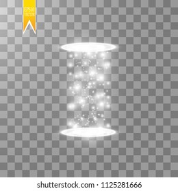 Magic fantasy portal. Futuristic teleport. Light effect. Blue candles rays of a night scene with sparks on a transparent background. Empty light effect of the podium. Disco club dancefloor.