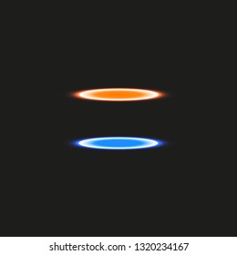 Magic fantasy portal. Futuristic teleport. Light effect. Blue and yellow candles rays of a night scene with sparks on a transparent background. Empty light effect of the podium. Disco club dancefloor