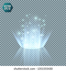 Magic fantasy portal. Futuristic teleport. Light effect. Blue candles rays of a night scene with sparks on a transparent background. Empty light effect of the podium. Disco club dancefloor. Vector