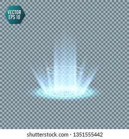Magic fantasy portal. Futuristic teleport. Light effect. Blue candles rays of a night scene with sparks on a transparent background. Empty light effect of the podium. Disco club dancefloor. Vector