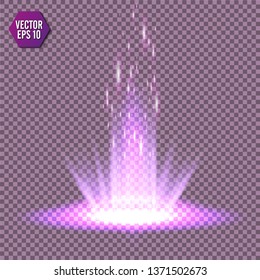 Magic fantasy portal. Futuristic teleport. Light effect. Blue candles rays of a night scene with sparks on a transparent background. Empty light effect of the podium. Disco club dancefloor. Vector