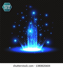 Magic fantasy portal. Futuristic teleport. Light effect. Blue candles rays of a night scene with sparks on a transparent background. Empty light effect of the podium. Disco club dancefloor. Vector