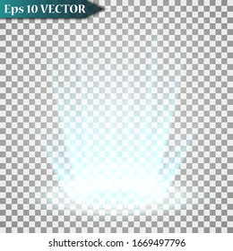 Magic fantasy portal. Futuristic teleport. Light effect. Blue candles rays of a night scene with sparks on a transparent background. Empty light effect of the podium. Disco club dancefloor. Vector