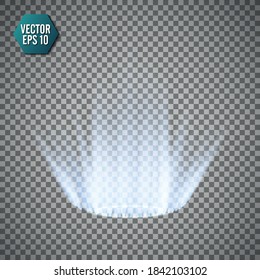 Magic fantasy portal. Futuristic teleport. Light effect. Blue candles rays of a night scene with sparks on a transparent background. Empty light effect of the podium. Disco club dancefloor. Vector