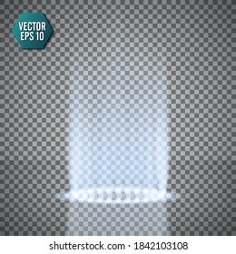 Magic fantasy portal. Futuristic teleport. Light effect. Blue candles rays of a night scene with sparks on a transparent background. Empty light effect of the podium. Disco club dancefloor. Vector