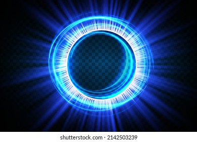 Magic fantasy portal. Futuristic teleport. light effect. Blue candles beams of a night scene with sparks on a transparent background. Empty podium light effect. Dance floor in a disco club. Vector
