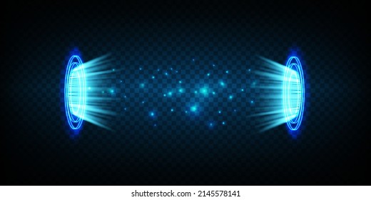 Magic fantasy portal. Futuristic teleport. Light effect. Blue rays of a night scene with sparks on a transparent background. Vector
