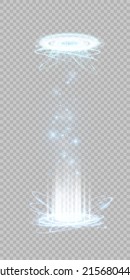 Magic fantasy portal. Futuristic teleport. light effect. Night scene light rays and sparks on a transparent background. Empty podium light effect. Disco dance floor club.
