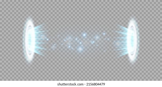 Magic fantasy portal. Futuristic teleport. light effect. Night scene light rays and sparks on a transparent background. Empty podium light effect. Disco dance floor club.
