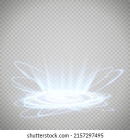 Magic fantasy portal. Futuristic teleport. light effect. Night scene light rays and sparks on a transparent background. Empty podium light effect. Disco dance floor club.
