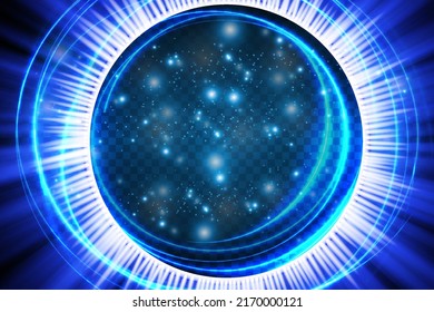 Magic fantasy portal. Futuristic teleport. light effect. Blue candles beams of a night scene with sparks on a transparent background. Empty podium light effect. Dance floor in a disco club. Vector
