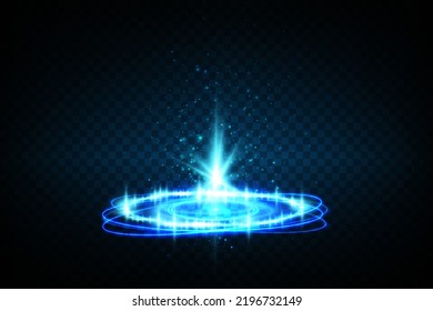 Magic fantasy portal. Futuristic teleport. Light effect. Blue rays of a night scene with sparks on a transparent background. Vector
