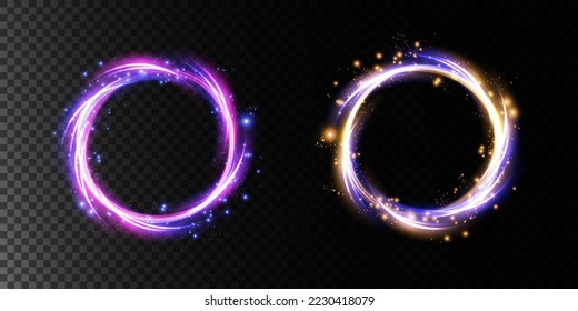 Magic fantasy portal. Futuristic teleport. light effect. Blue, gold, purple, neon light, illuminate the night scene with sparks on a transparent background. Light effect of an empty podium. Dance floo