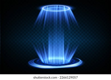 Magic fantasy portal. Futuristic teleport. Light effect. Blue rays of a night scene with sparks on a transparent background. Vector
