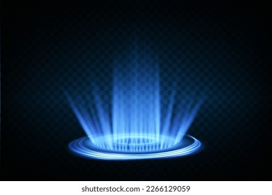 Magic fantasy portal. Futuristic teleport. Light effect. Blue rays of a night scene with sparks on a transparent background. Vector
