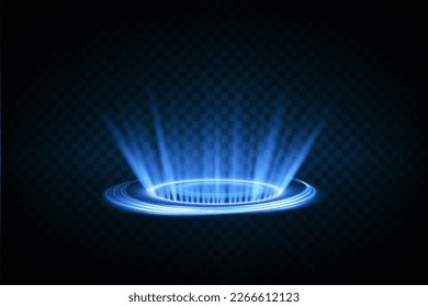Magic fantasy portal. Futuristic teleport. Light effect. Blue rays of a night scene with sparks on a transparent background. Vector

