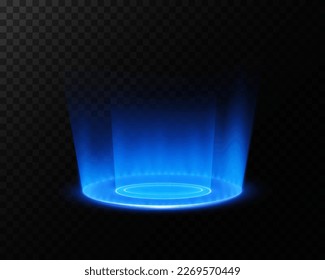 Magic fantasy portal. Futuristic teleport. Light effect. Blue rays of a night scene with sparks on a transparent background. Vector
