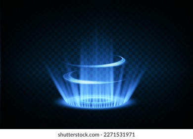Portail fantastique magique. Téléport futuriste. Effet de lumière. Rayons bleus d'une scène de nuit avec des étincelles sur fond transparent. Image vectorielle

