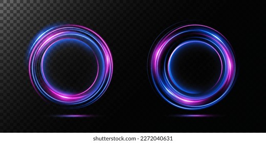 Magic fantasy portal. Futuristic teleport. light effect. Blue, gold, purple, neon light, illuminate the night scene with sparks on a transparent background. Light effect of an empty podium.