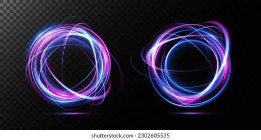 Magic fantasy portal. Futuristic teleport. light effect. Blue, gold, purple, neon light, illuminate the night scene with sparks on a transparent background. Light effect of an empty podium.