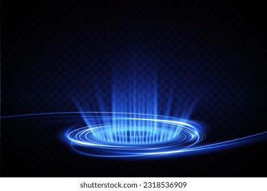 Magic fantasy portal. Futuristic teleport. Light effect. Blue candles rays of a night scene with sparks on a transparent background. Empty light effect of the podium. Disco club dancefloor. Vector