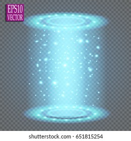  Magic fantasy portal. Futuristic teleport. Light effect. Blue candles rays of a night scene with sparks on a transparent background. Empty light effect of the podium. Disco club dancefloor. 
