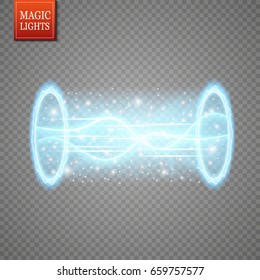  Magic fantasy portal. Futuristic teleport. Light effect. Blue candles rays of a night scene with sparks on a transparent background. Empty light effect of the podium. Disco club dancefloor. 
