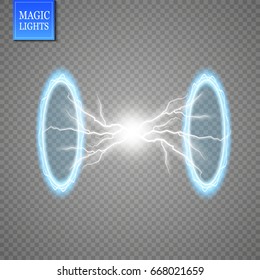  Magic fantasy portal. Futuristic teleport. Light effect. Blue candles rays of a night scene with sparks on a transparent background. Empty light effect of the podium. Disco club dancefloor. 

